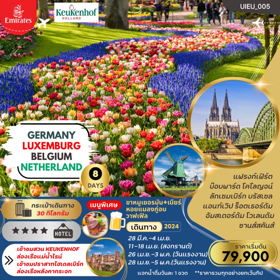 เยอรมัน เบลเยี่ยม ลักเซมเบิร์ก เนเธอร์แลนด์ 8 วัน TULIP BLOOMING  Keukenhof 2024