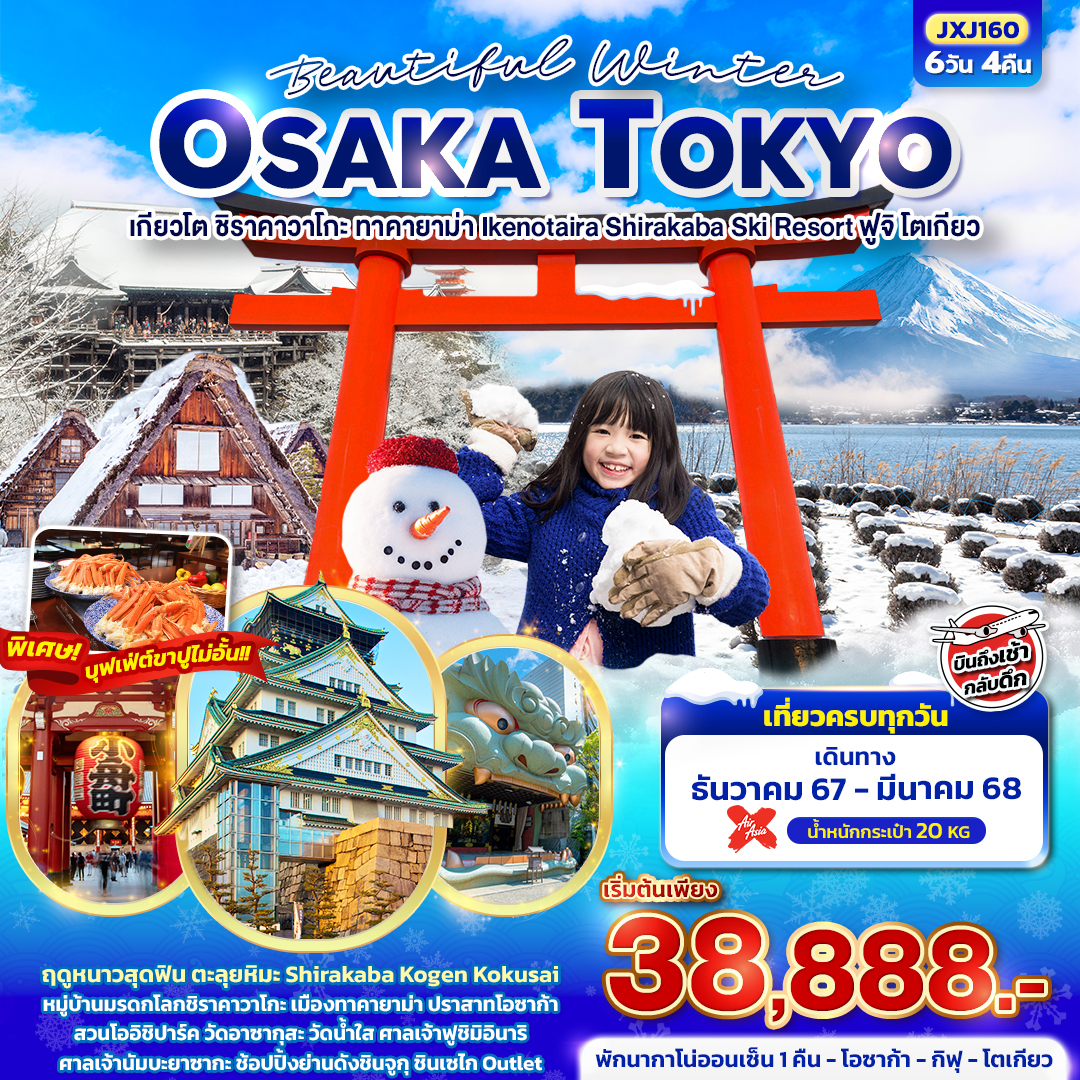 เกียวโต ชิราคาวาโกะ ทาคายาม่า Ikenotaira Shirakaba Ski Resort ฟูจิ โตเกียว 6 วัน 4 คืน 