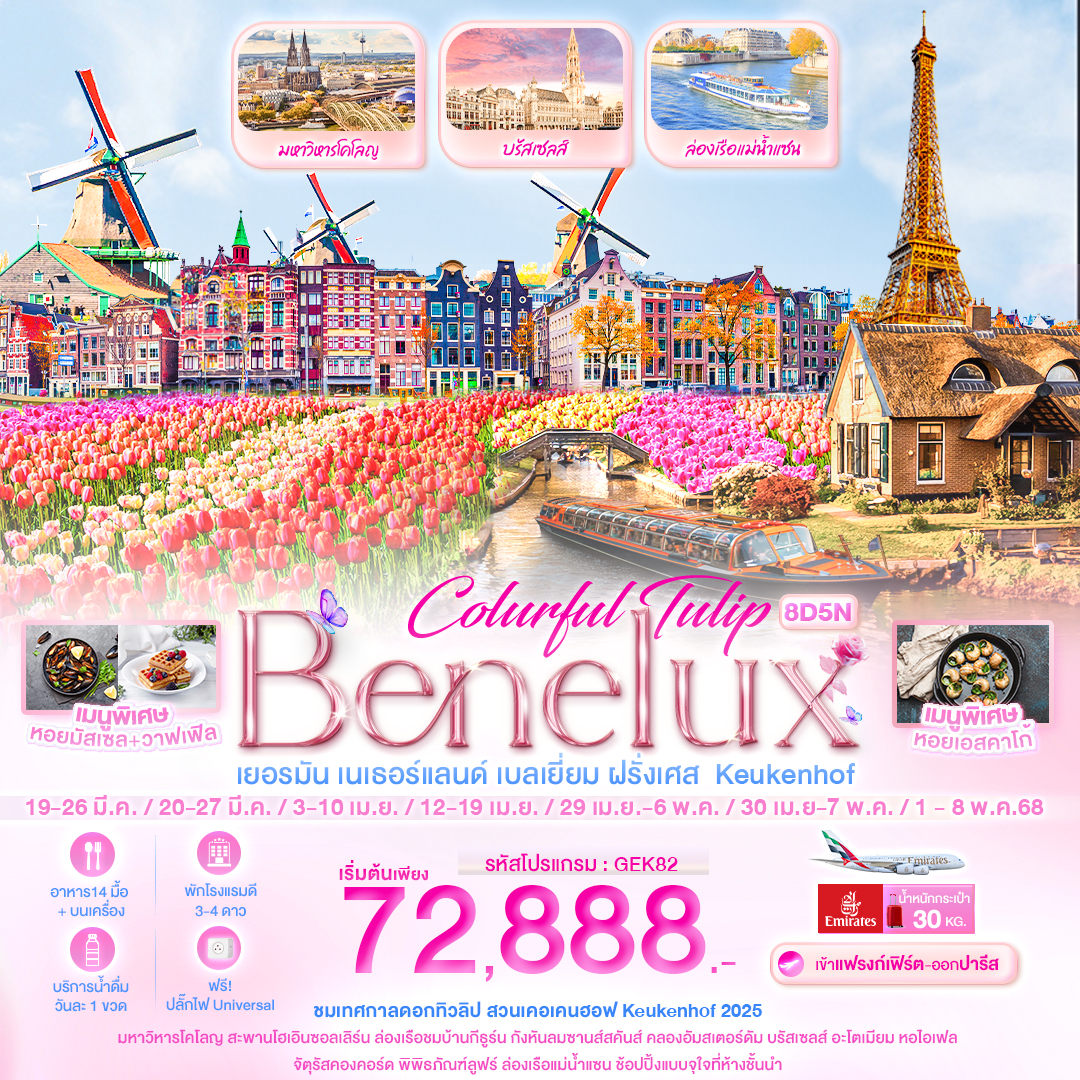 Colurful Tulip Benelux เยอรมัน เนเธอแลนด์ เบลเยี่ยม ฝรั่งเศส Keukenhof 8 วัน 5 คืน